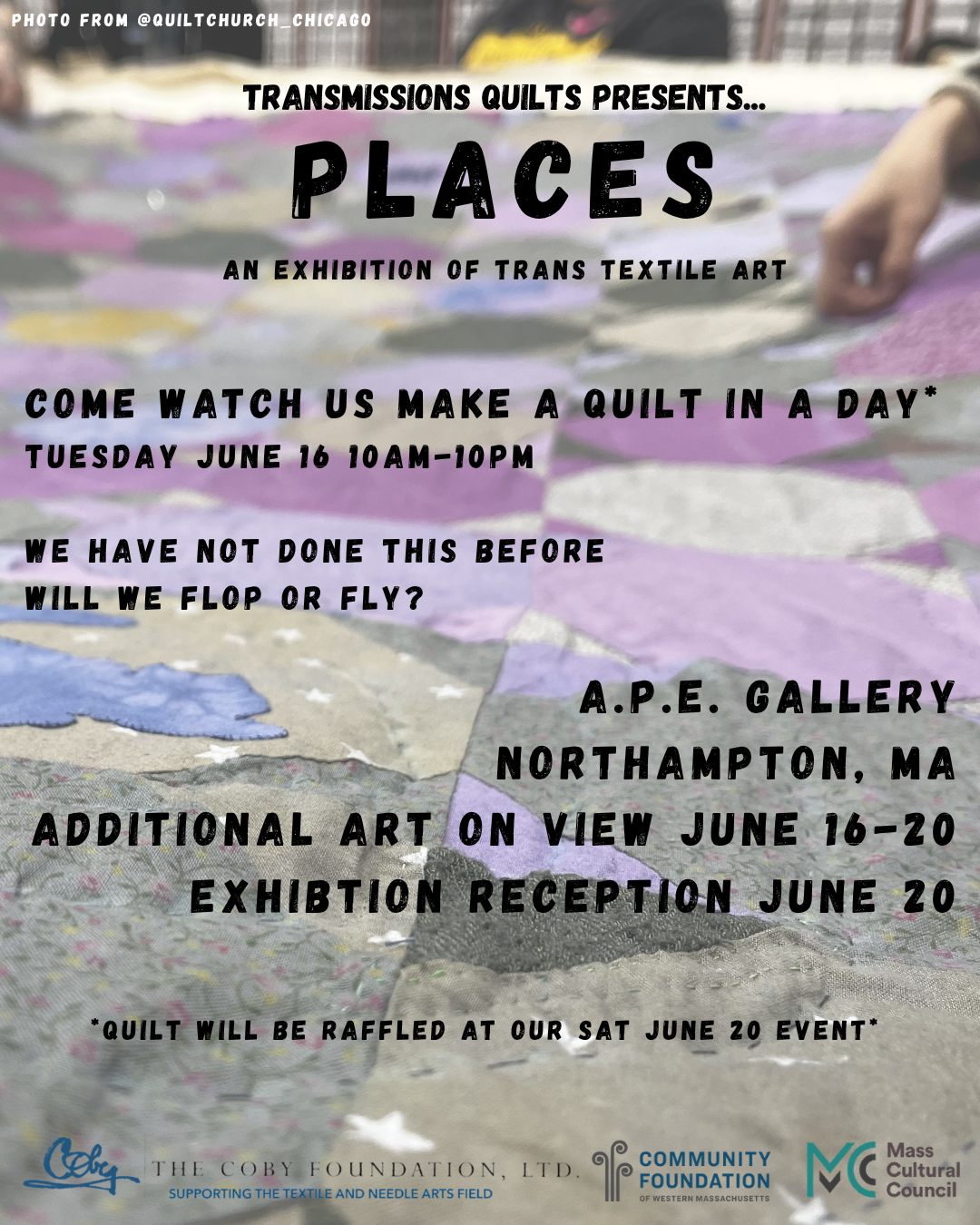 photo of a person wrapped in a quilt in the ocean sharing details for a transgender textile show in New York City in April