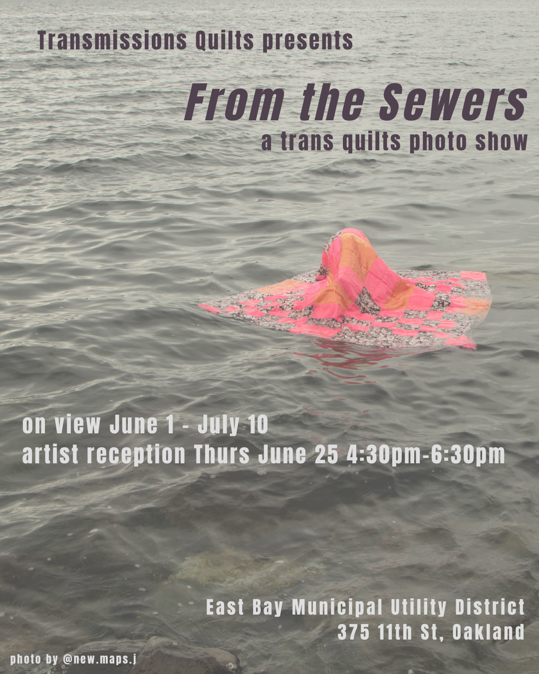 photo of a person wrapped in a quilt in the ocean sharing details for a transgender textile show in New York City in April