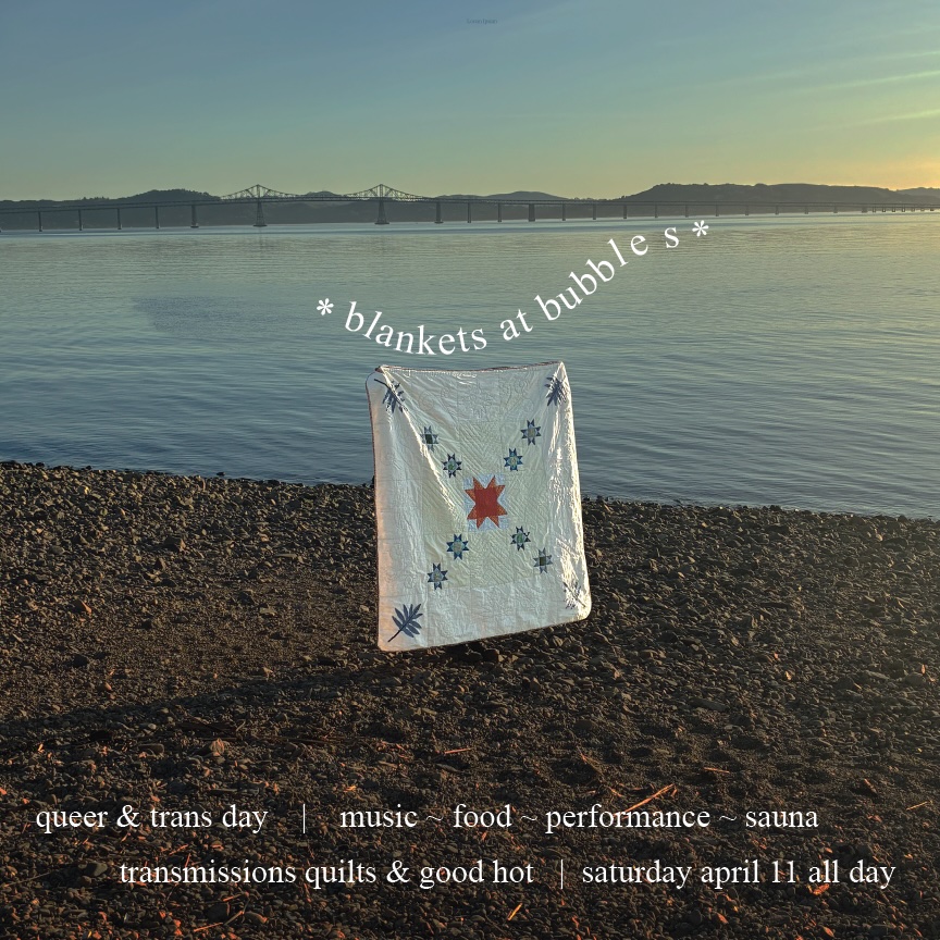a white quilt floating against the backdrop of the San Francisco Bay with text promoting an event at GoodHot Sauna on April 11