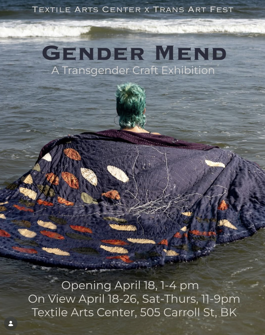 photo of a person wrapped in a quilt in the ocean sharing details for a transgender textile show in New York City in April