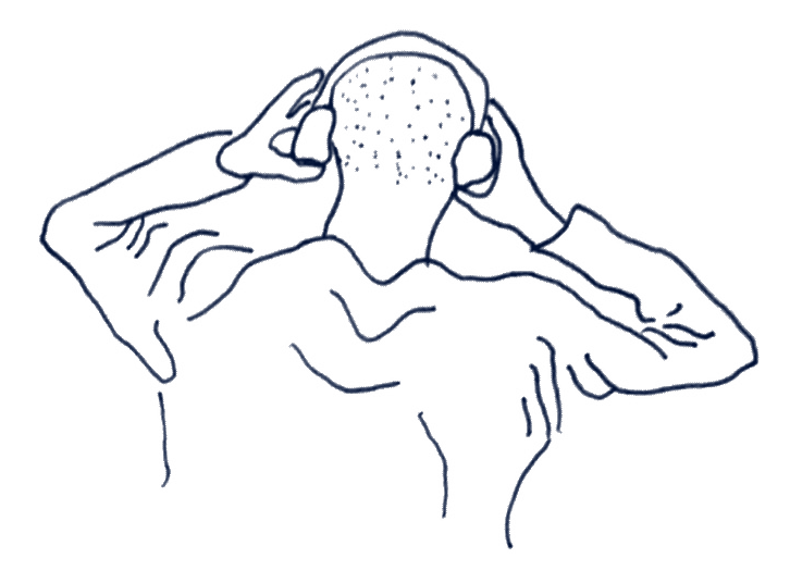 Line drawing of of a person wearing headphones from behind, with hands on the cans.