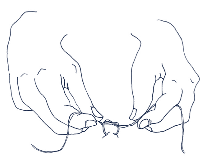 Line drawing of two hands tying a stitch in a quilt