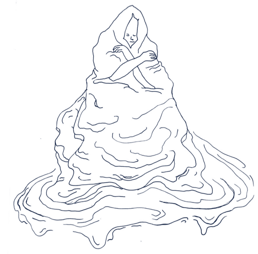 Line drawing of a person draped in a quilt