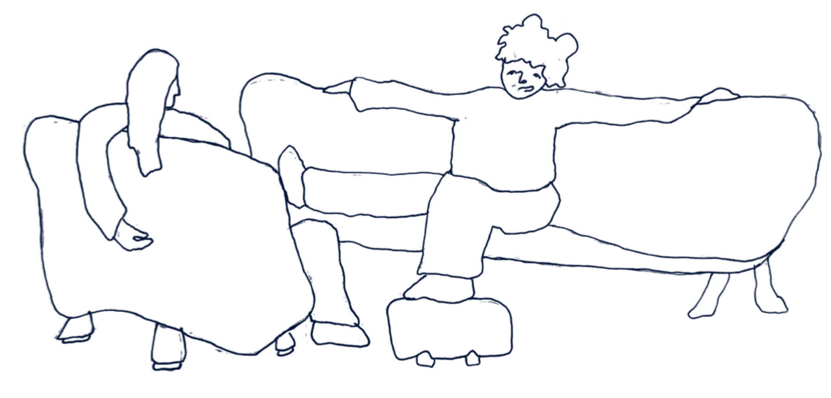 Line drawing of two people sitting on couches facing each other