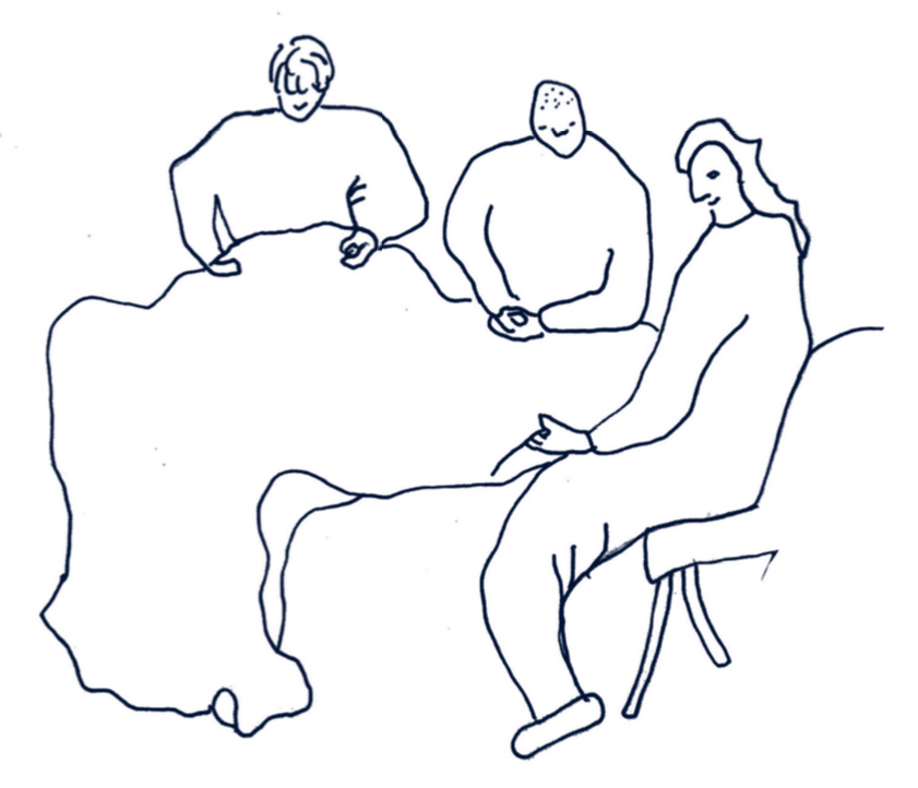 Line drawing of three people surrounding an abstract quilt