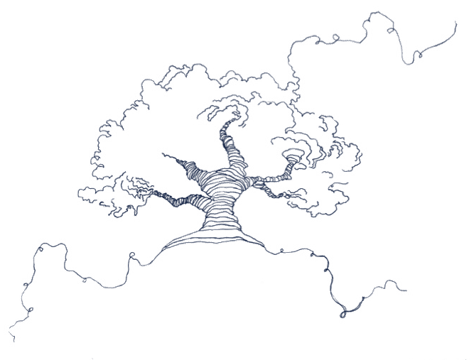 Line drawing of a tree made out of threads